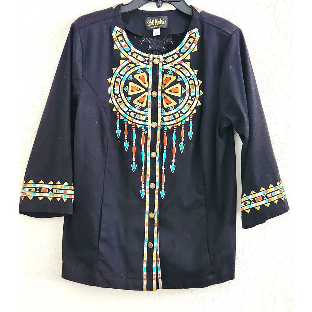 Jacket/Top-Bob Mackie Wearable Art-Black-3/4 Sleeves-Embroidery-Necklace Look-M